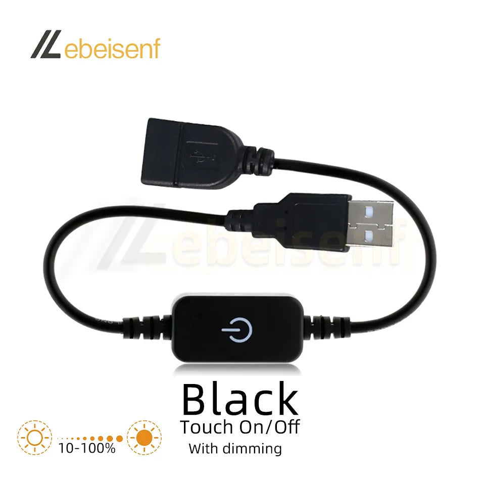 Black USB to DC LED controller cable with a touch on/off switch and dimming feature