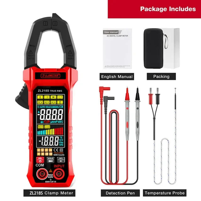 Medidor de pinzas rojo ZL218S con pantalla digital y accesorios para pruebas eléctricas