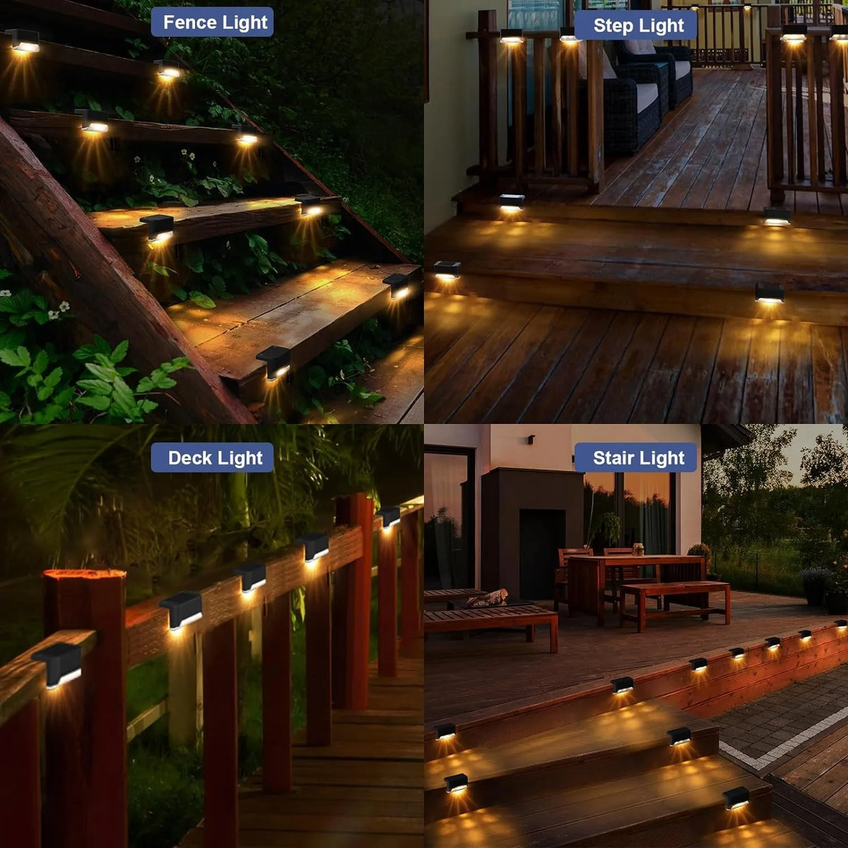 Various outdoor lighting installations including fence lights, step lights, deck lights, and stair lights on wooden paths.