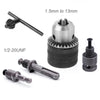 A set of drill chuck adapters and a tool shaft with various sizes for impact drivers.