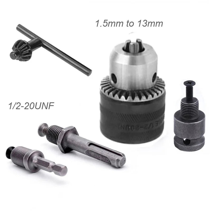 A set of drill chuck adapters and a tool shaft with various sizes for impact drivers.