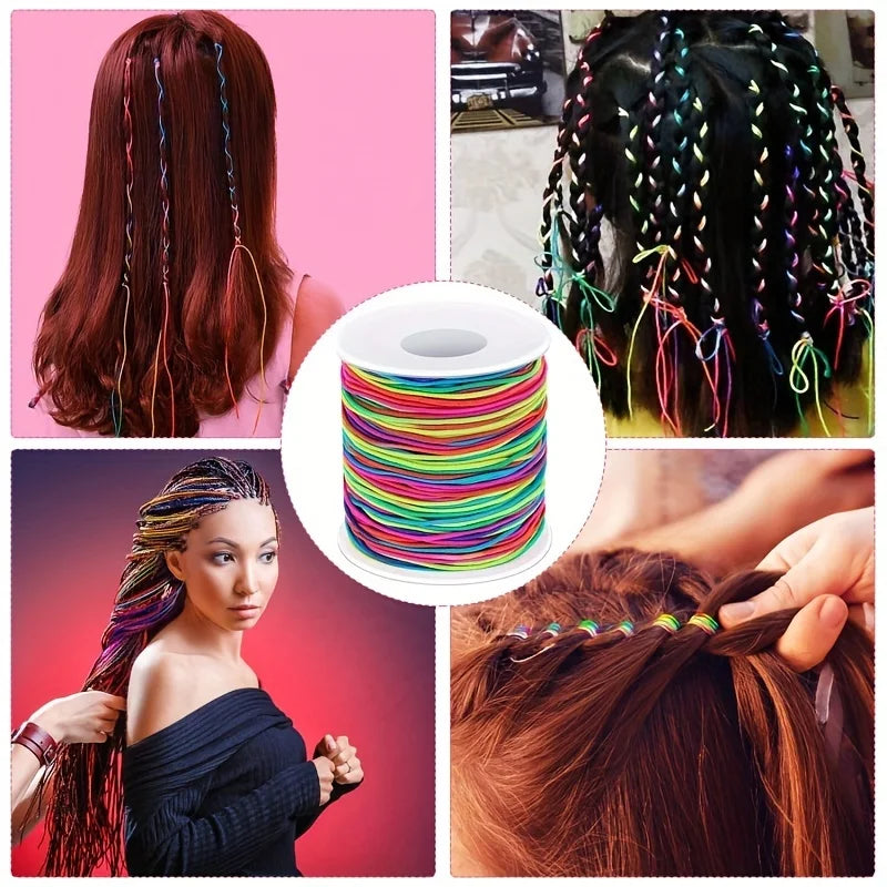 A collection of colorful rainbow elastic beading cords and hair extensions are shown alongside a spool.
