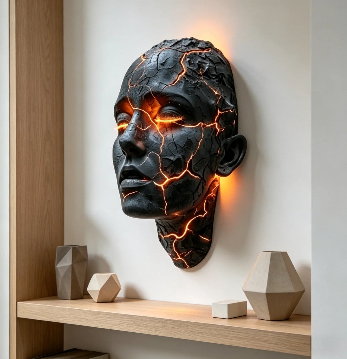 A dark, cracked face sculpture made of resin with glowing orange lines mounted on a white wall.