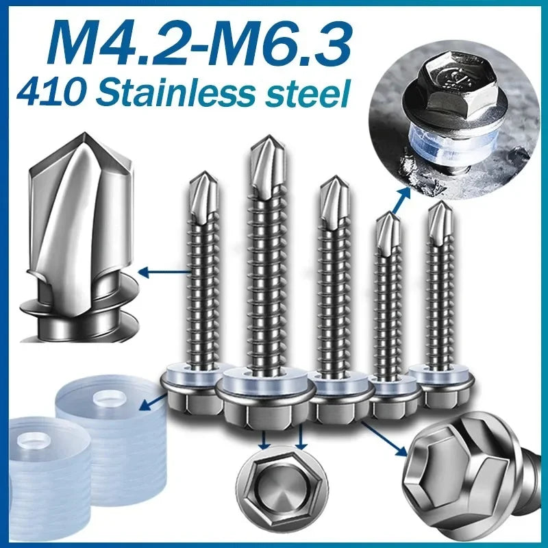 Set of M4.2-M6.3 stainless steel self-drilling screws for roofing and DIY projects