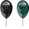 A portable soil moisture meter with a black and green casing and a needle probe.