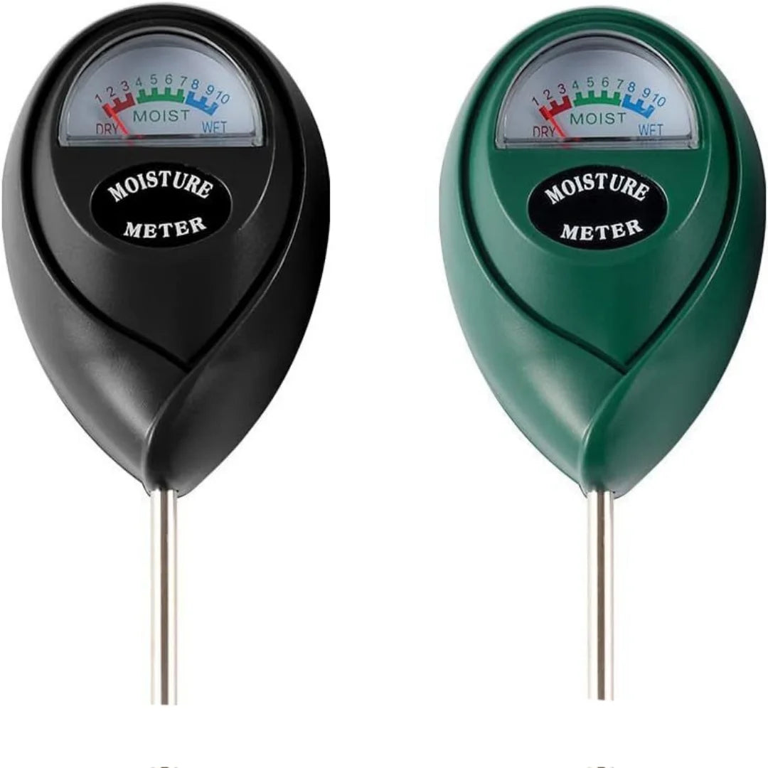 A portable soil moisture meter with a black and green casing and a needle probe.