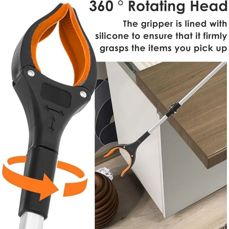 A black and orange 360 rotating head grabber tool is shown gripping an item on a wooden surface.