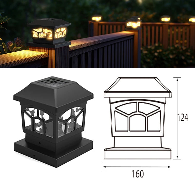 A black solar LED post cap light fixture with a decorative glass enclosure and wooden siding.