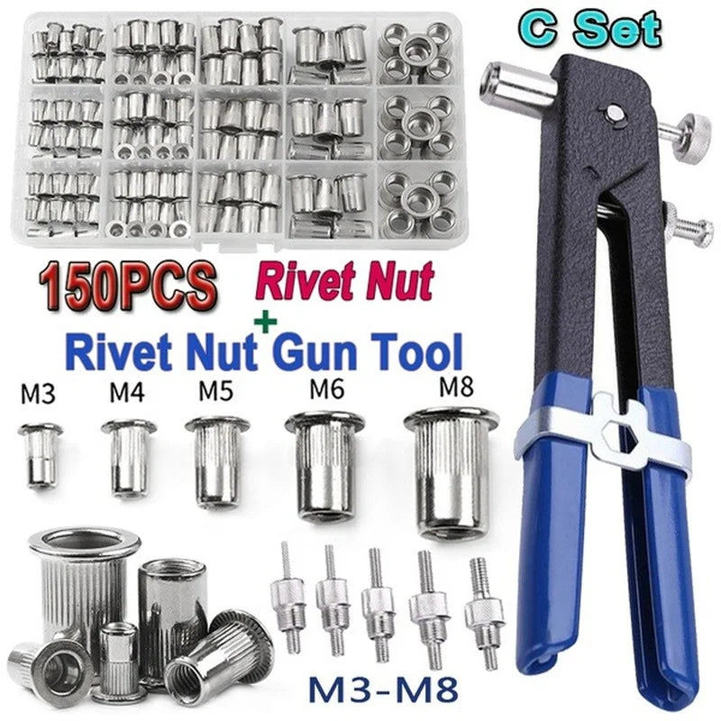 A set of rivet nuts and a gun tool for DIY repairs, including M3 to M8 sizes.