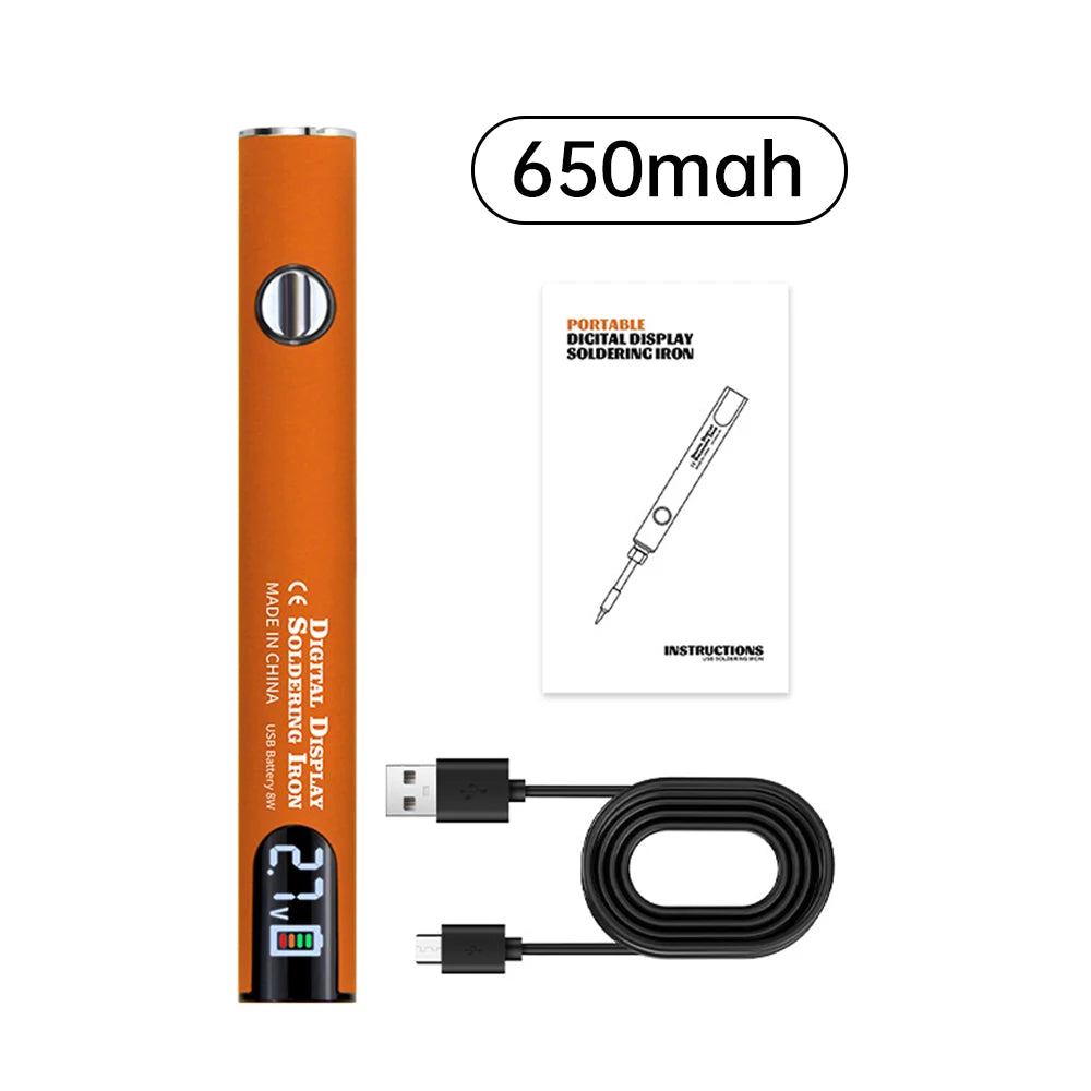 Fer à souder numérique portable orange avec cordon et adaptateur.