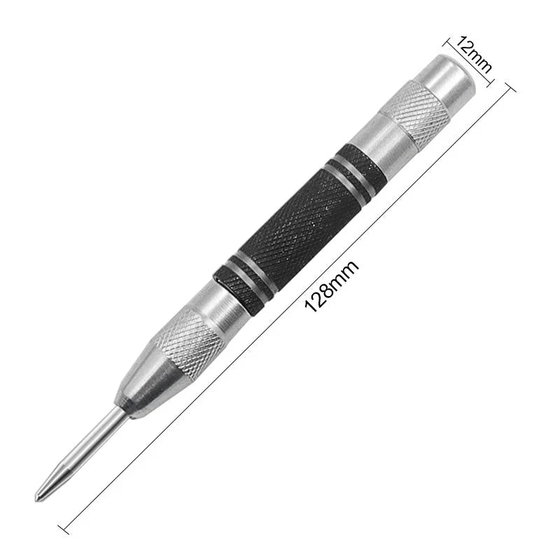 Automatic centre punch tool with a silver body and black textured handle, showing its dimensions.