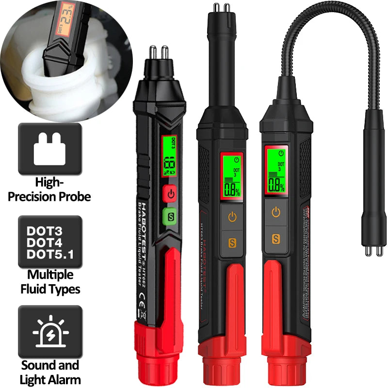 A portable digital brake fluid tester with a probe, multiple fluid types, and sound and light alarm.