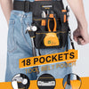 A black tool belt pouch with 18 pockets is worn on a denim shirt, showing various tools like a hammer and tape holders.
