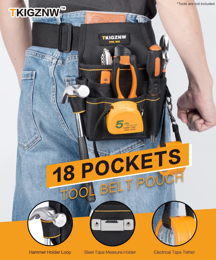 A black tool belt pouch with 18 pockets is worn on a denim shirt, showing various tools like a hammer and tape holders.