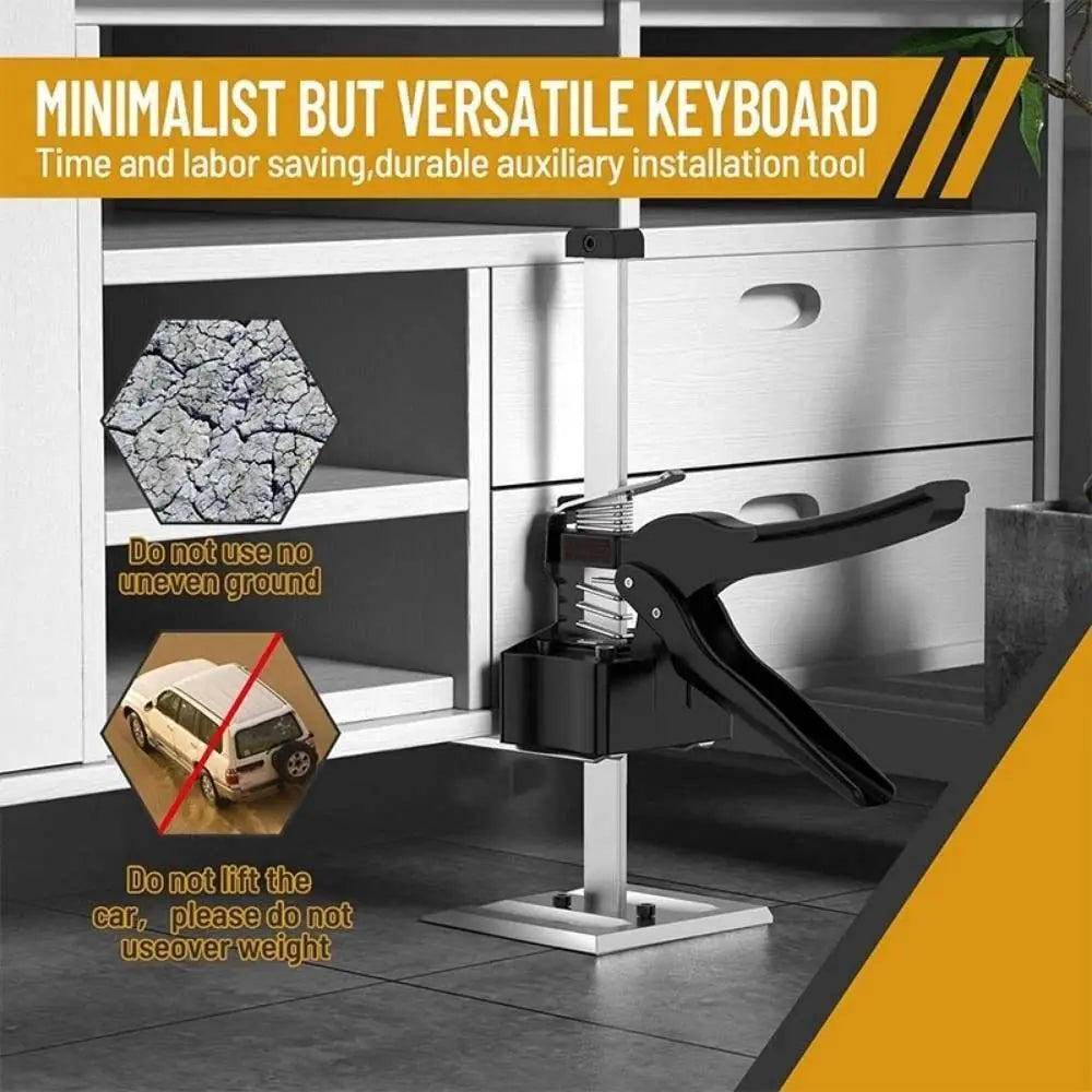 A black precision furniture lifter and arm tile adjuster tool is shown next to a hexagonal tile sample in a cabinet setting.