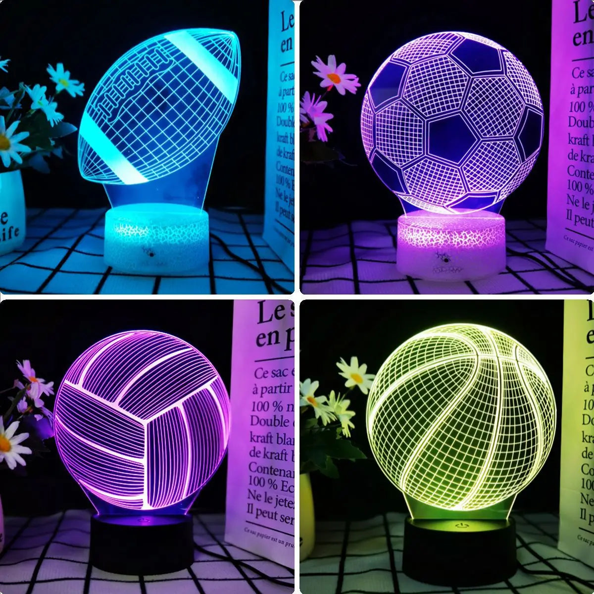 Pelota de fútbol 3D morada y azul brillante, luz nocturna que ilumina una superficie oscura.