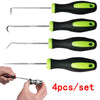 A set of four multi-angle car repair hooks with black and lime green handles shown being held by a hand.