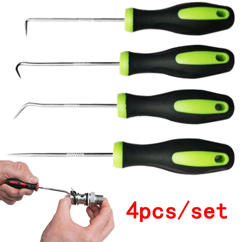 A set of four multi-angle car repair hooks with black and lime green handles shown being held by a hand.
