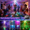 Dynamic disco ball LED party lights projecting colorful, dazzling light patterns onto a room.