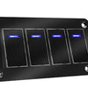 Panneau de commutateur à bascule en aluminium noir avec quatre voyants lumineux bleus.