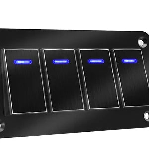 Panneau de commutateur à bascule en aluminium noir avec quatre voyants lumineux bleus.
