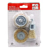 A package containing a set of metal wire brushes for rust removal and polishing.