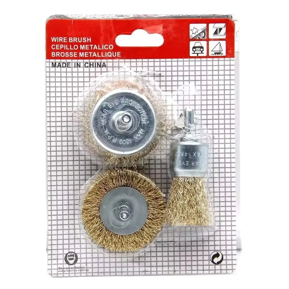 A package containing a set of metal wire brushes for rust removal and polishing.