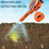 A hand holds an orange handheld metal detector device, demonstrating inducing and detecting metal in the soil.