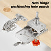 A silver hinge positioning hole punch tool is shown next to a wooden surface.