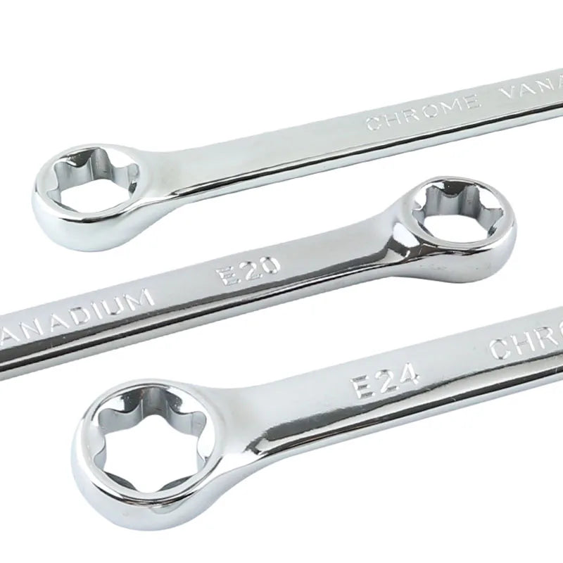 A set of precision E-Torx hex sockets, including chrome and anodized versions.