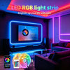 An RGB LED light strip illuminates a modern living room with a television and furniture.