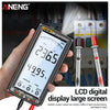 A hand holds an ANENG 681 digital multimeter with a large LCD display in an electrical context.