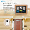A digital weather clock device is shown next to a wooden door, with outdoor sensors visible nearby.