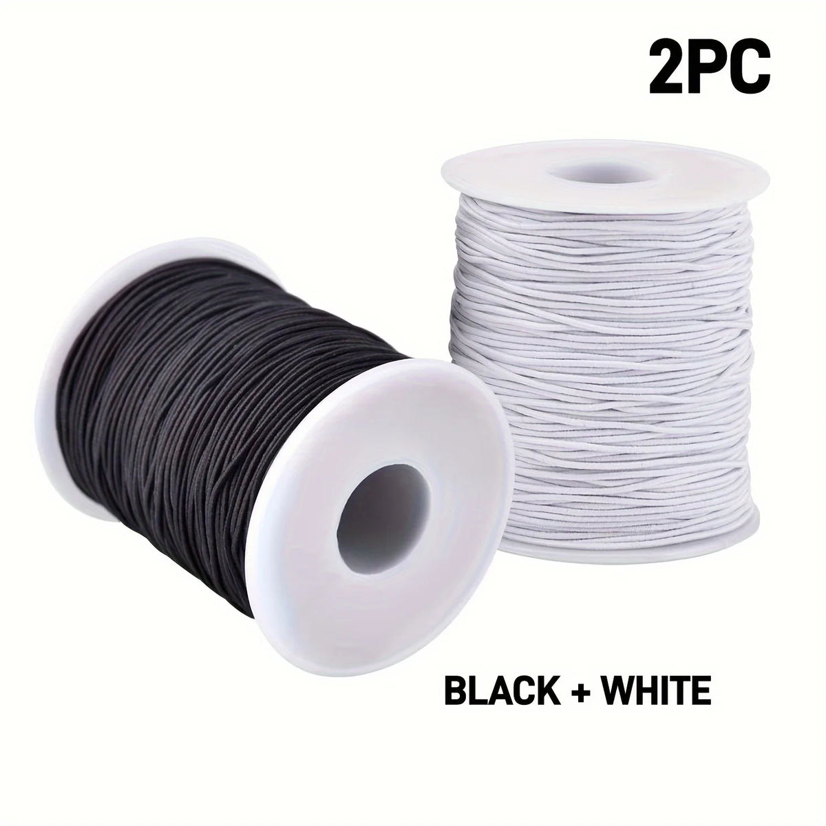 Two spools of black and white elastic beading cord are shown.