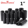 A set of black drill force impact sockets, measuring 1 inch.
