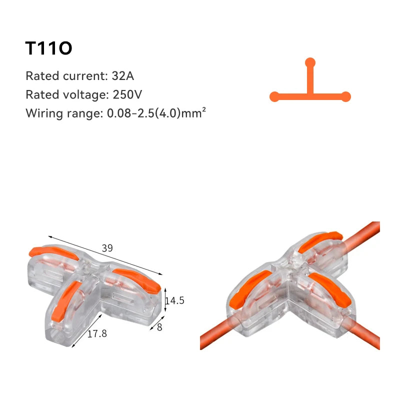 A set of T110 electrical push-in connectors shown with various dimensions.