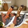 A forged stainless steel boning knife with a wooden handle and bottle opener, shown in detail.