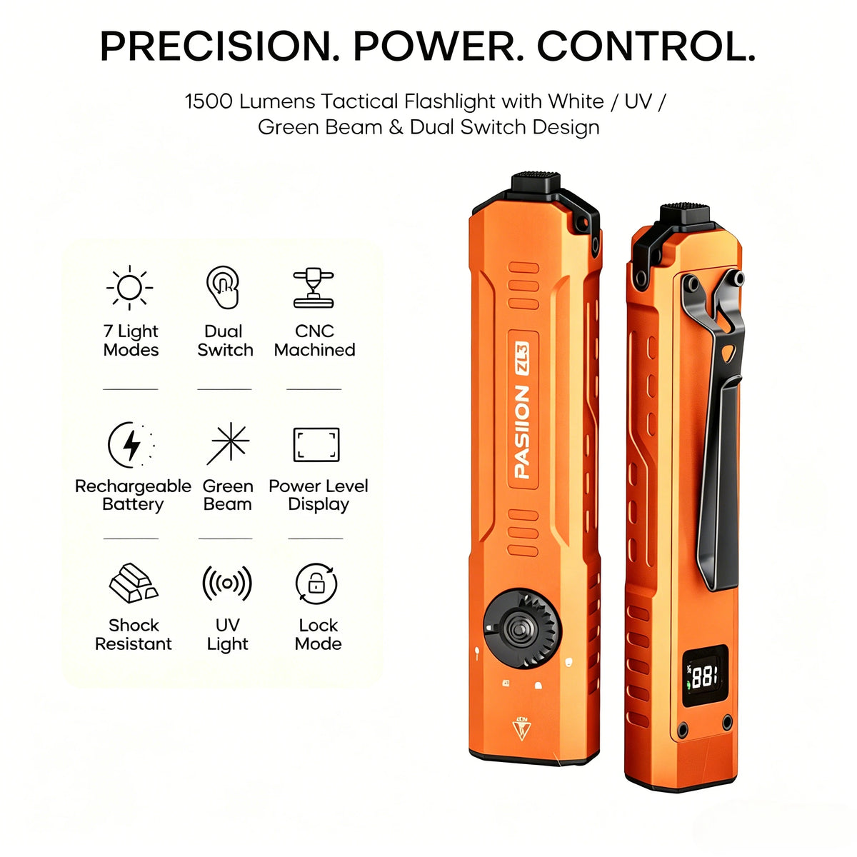 Orange tactical flashlight with a black grip and light, featuring dual switch design and various modes.