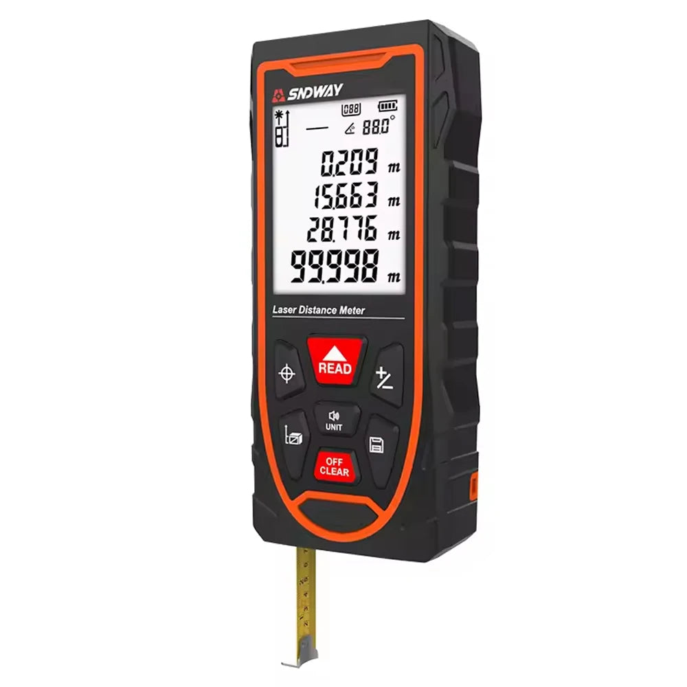 Black and orange 3-in-1 laser distance meter and tape measure device with a yellow measuring tape visible.