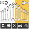 A set of chrome vanadium steel ratcheting wrenches with various sizes and an electrician repair tool.