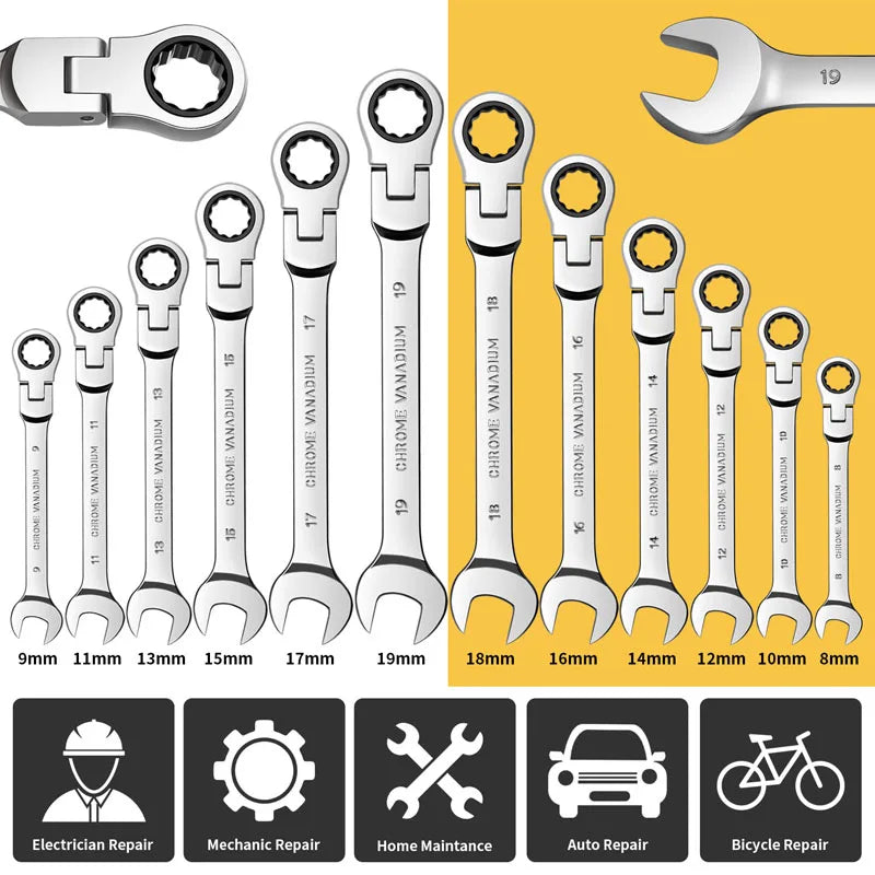 A set of chrome vanadium steel ratcheting wrenches with various sizes and an electrician repair tool.