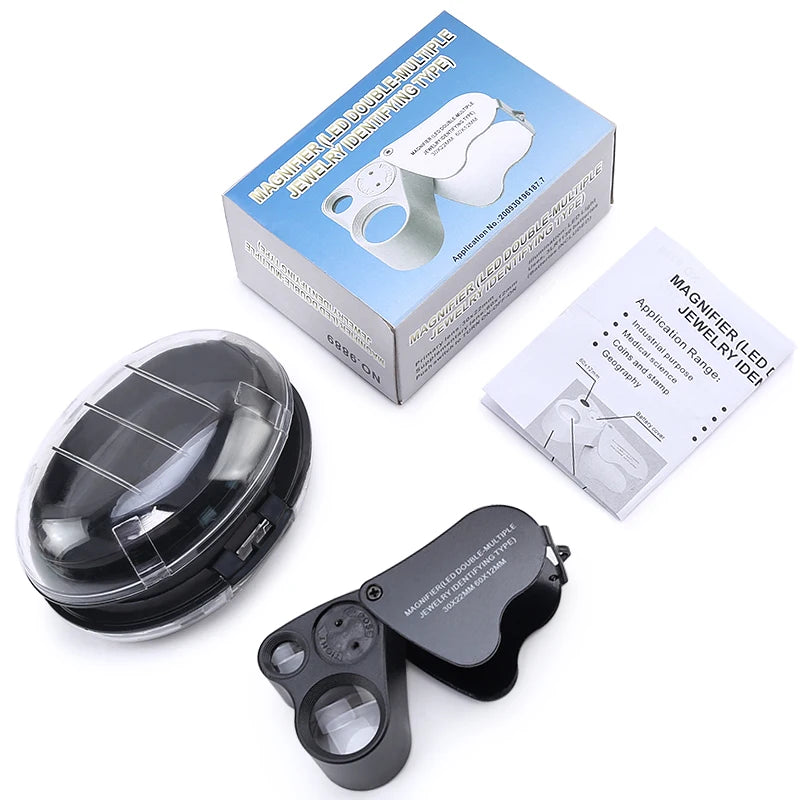 Une boîte et une loupe portable montrent la loupe grossissante pliable de joaillier.