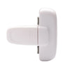A white safety cabinet lock designed to secure refrigerator doors.