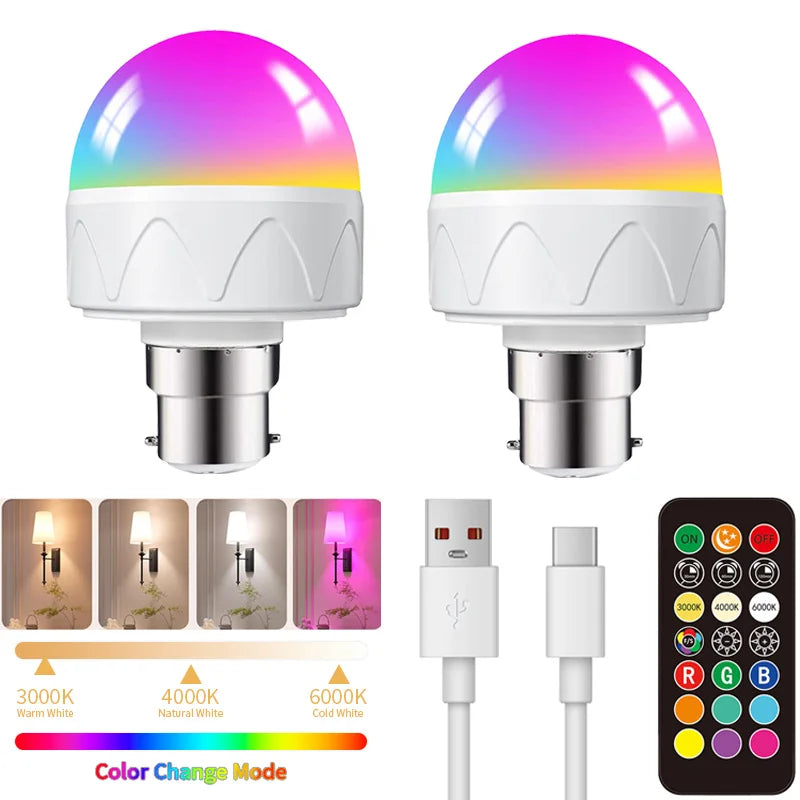 Bombilla LED recargable con control remoto y múltiples modos de color, junto a sus componentes y opciones de color.