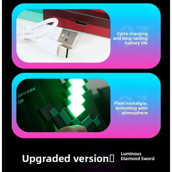 A product image showing features of an upgraded version of a Rainbow Light Up Diamond Sword prop, including battery life and 