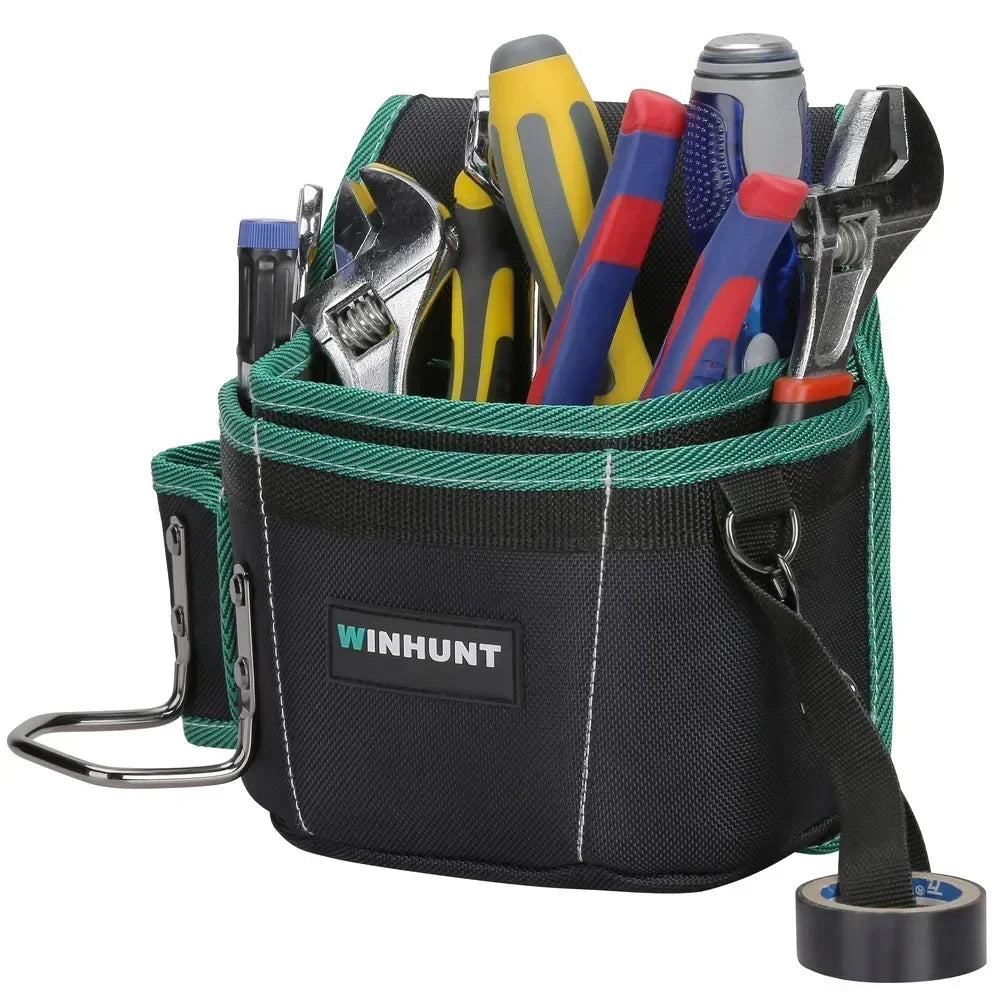 A black tool belt pouch filled with various hand tools like pliers and wrenches.