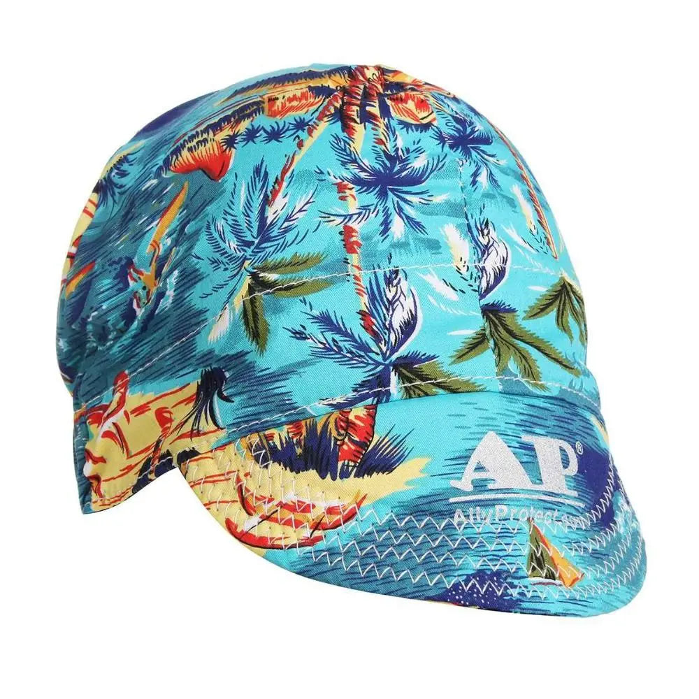 A bright blue welding cap featuring a tropical leaf and floral pattern.