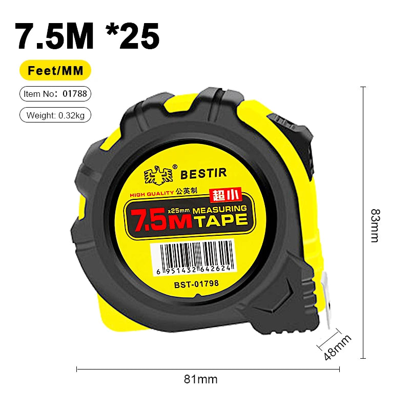Yellow and black Bestir 7.5M measuring tape with a 83mm length and 48mm width.
