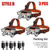 Three orange and black LED headlamps with a listing of accessories including USB cables and batteries