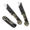 A set of three folding utility knives with quick change blades featuring camouflage patterns and black handles.